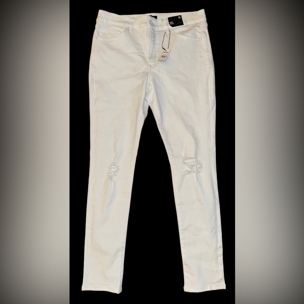 Women’s Express Skinny Mid Rise Ripped Knee White Jeans Size 12 Long BNWT